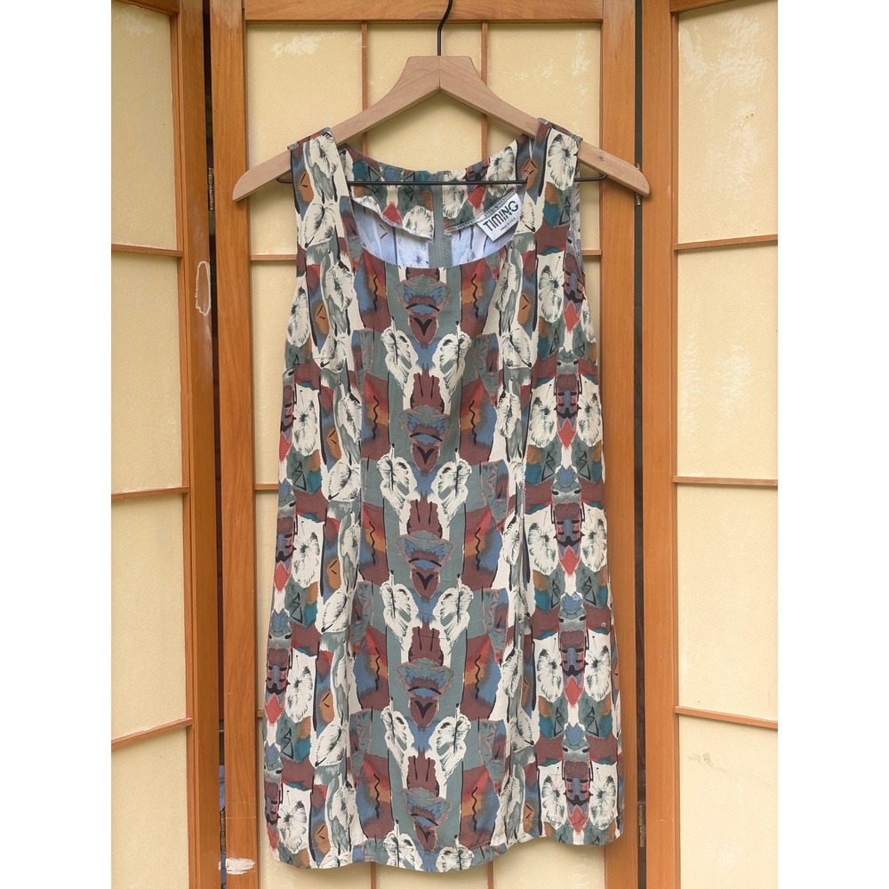 Vintage Sleeveless Abstract Print Mini Dress Square Neck Earth Tones by Timing S
